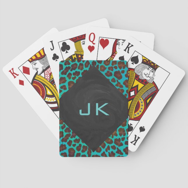 Monogram Teal and Brown Leopard Poker Cards (Back)
