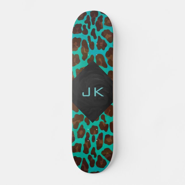 Monogram Teal and Brown Leopard Skateboard Deck (Front)