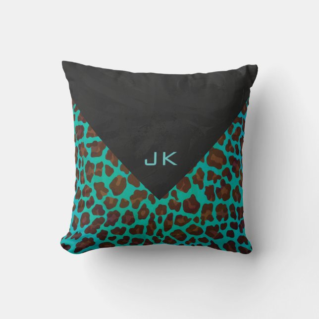 Monogram Teal and Brown Leopard Throw Pillow (Front)