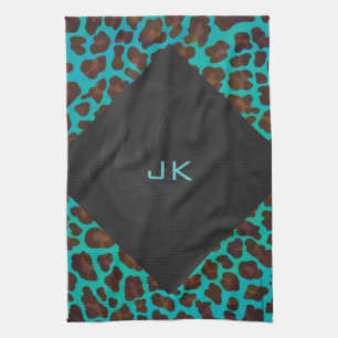 Monogram Teal and Brown Leopard Towel