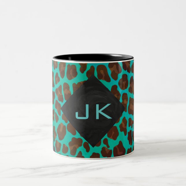Monogram Teal and Brown Leopard Two-Tone Coffee Mug (Center)