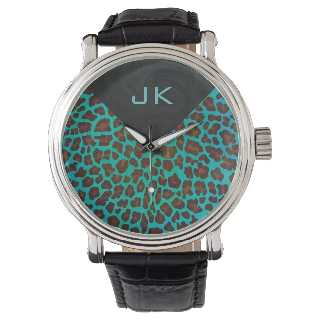Monogram Teal and Brown Leopard Watch (Front)