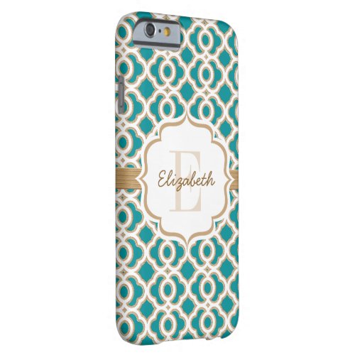 Monogram Teal and Gold Quatrefoil Barely There iPhone 6 Case