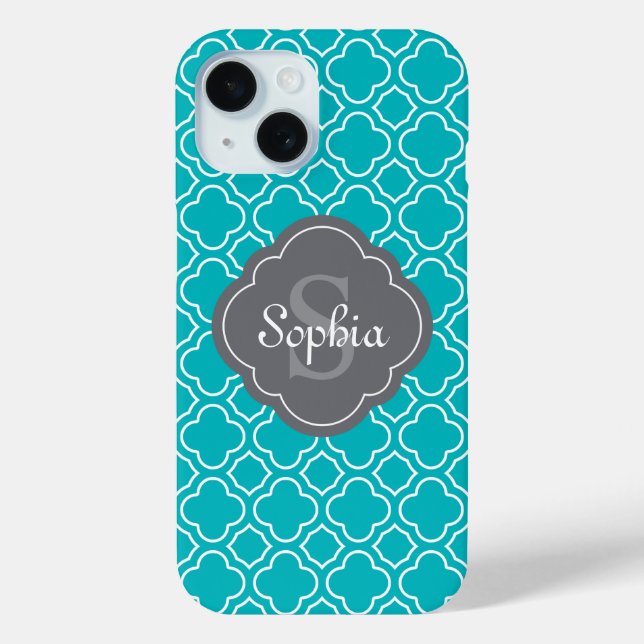 Monogram Teal and Grey Arabesque Pattern Case-Mate iPhone Case (Back)