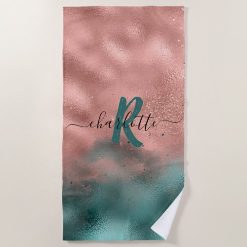 Monogram Teal and Soft Blush Pink Ombre Foil Beach Beach Towel