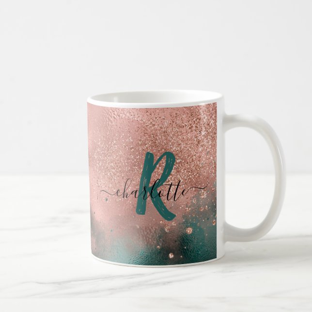 Monogram Teal and Soft Blush Pink Ombre Foil Coffe Coffee Mug (Right)