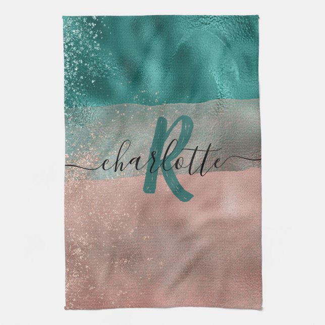Monogram Teal and Soft Blush Pink Ombre Foil Kitchen Towel (Vertical)