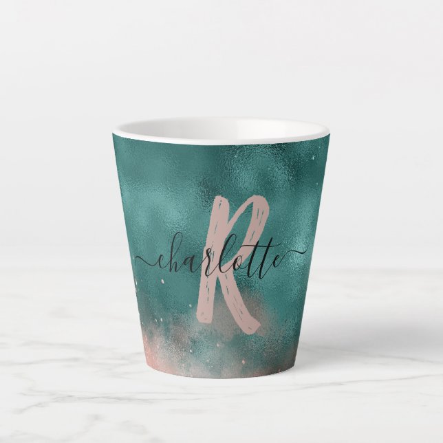 Monogram Teal and Soft Blush Pink Ombre Foil Latte Mug (Front)