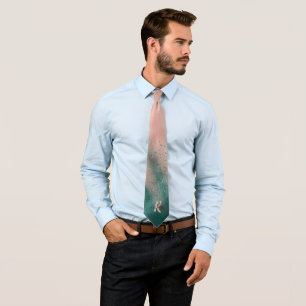 Monogram Teal and Soft Blush Pink Ombre Foil Neck Tie