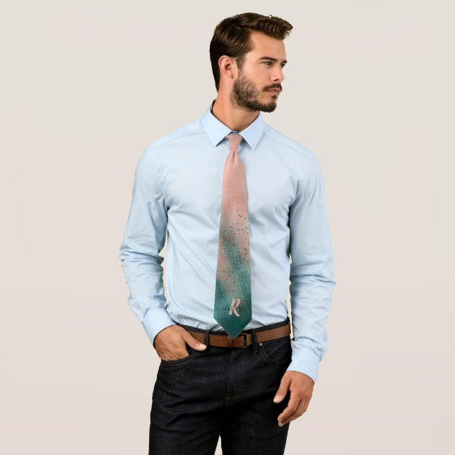 Monogram Teal and Soft Blush Pink Ombre Foil Neck Tie (In Situ)