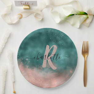 Monogram Teal and Soft Blush Pink Ombre Foil Paper Plates