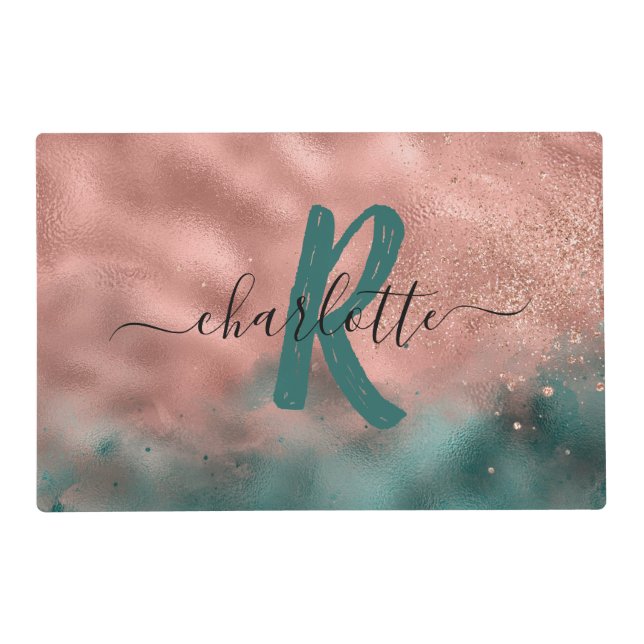 Monogram Teal and Soft Blush Pink Ombre Foil Place Placemat (Front)