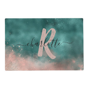 Monogram Teal and Soft Blush Pink Ombre Foil Placemat