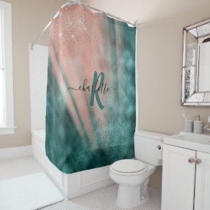 Monogram Teal and Soft Blush Pink Ombre Foil Shower Curtain