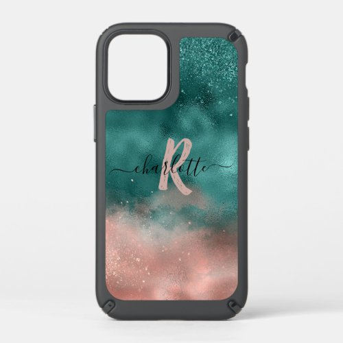 Monogram Teal and Soft Blush Pink Ombre Foil Speck iPhone 12 Mini Case