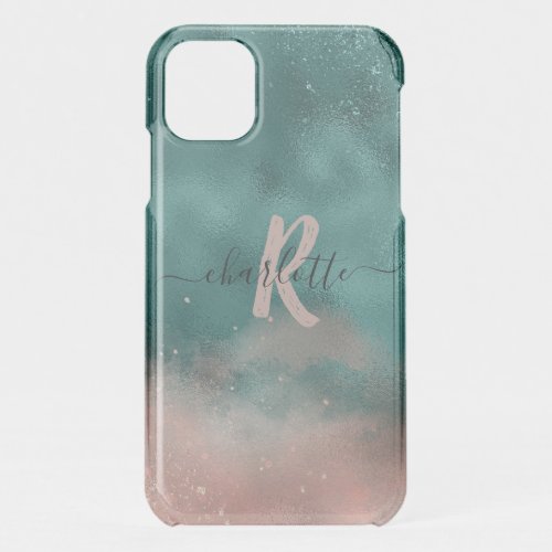Monogram Teal and Soft Blush Pink Ombre Foil iPhone 11 Case