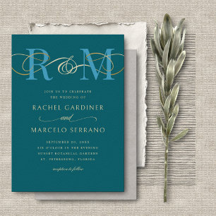 Monogram Teal Aqua Turquoise QR Code Wedding Invitation