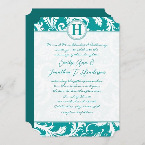 Monogram Teal Aqua Vintage Damask Wedding Invite