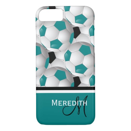 Monogram Teal Black Soccer Ball Pattern iPhone 87 Case