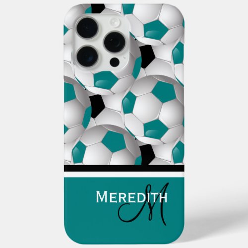 Monogram Teal Black Soccer Ball Pattern iPhone 15 Pro Max Case