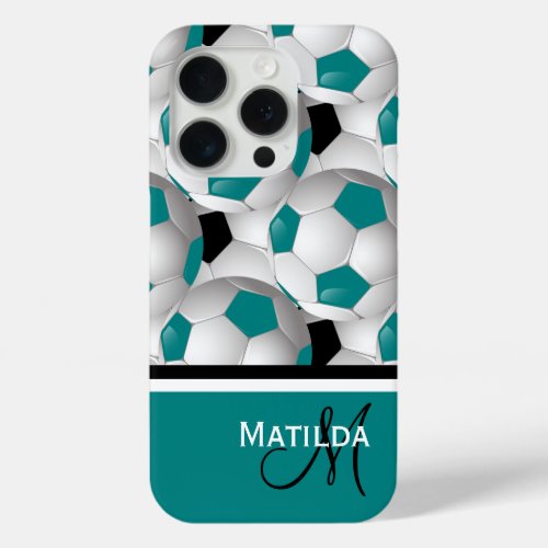 Monogram Teal Black Soccer Ball Pattern iPhone 15 Pro Case