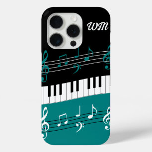 Monogram Teal Black White Piano Keys and Notes iPhone 15 Pro Case