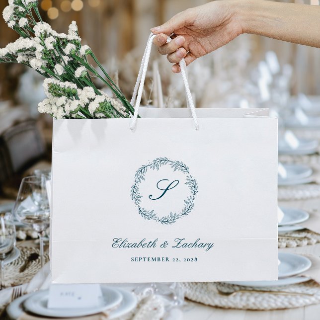 Monogram Teal Blue Foliage Wreath Wedding Large Gift Bag (Creator Uploaded)