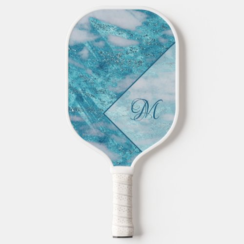  Monogram Teal Blue Glitter Bling Geometric  Pickleball Paddle