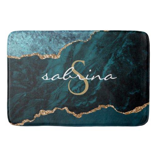 Monogram Teal Blue Gold Agate Geode Bath Mat