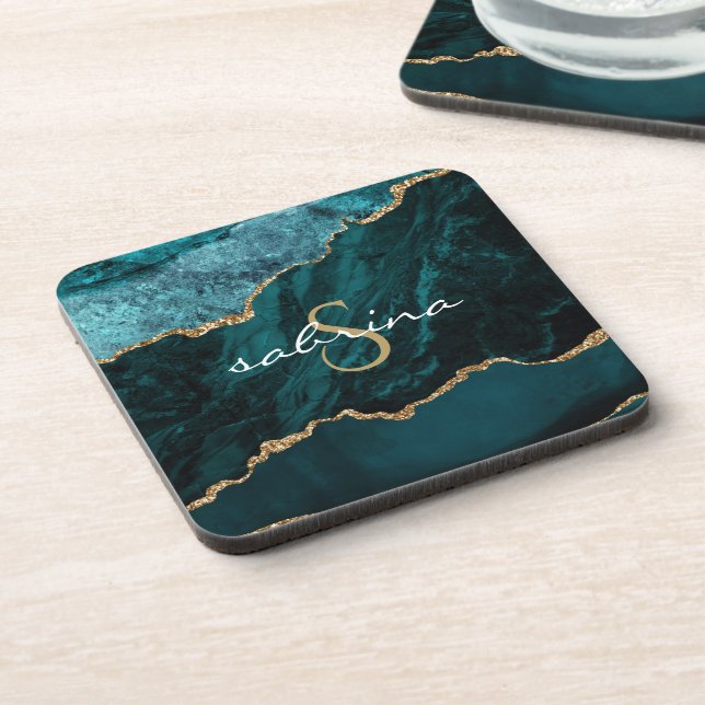Monogram Teal Blue Gold Agate Geode Beverage Coaster (Left Side)