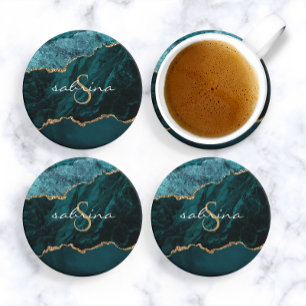 Monogram Teal Blue Gold Agate Geode Coaster