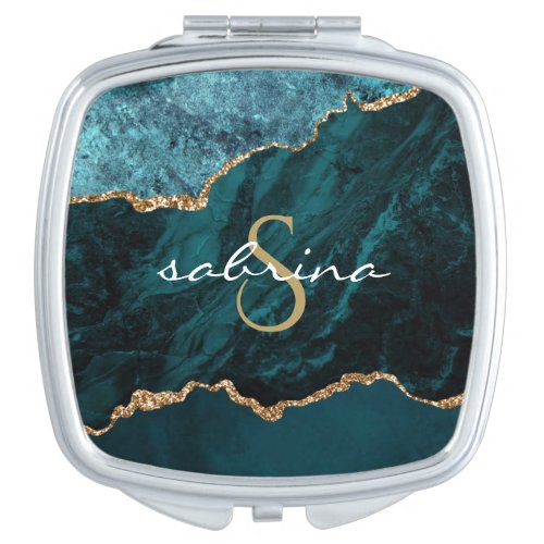Monogram Teal Blue Gold Agate Geode Compact Mirror