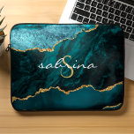 Monogram Teal Blue Gold Agate Geode Laptop Sleeve<br><div class="desc">This chic design features an elegant watercolor image of teal blue agate trimmed with faux gold glitter. Personalize it with your monogram initial in gold colored decorative font and your name in white handwriting script.</div>