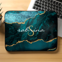 Monogram Teal Blue Gold Agate Geode Laptop Sleeve