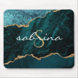 Monogram Teal Blue Gold Agate Geode Mouse Pad<br><div class="desc">This chic design features an elegant watercolor image of teal blue agate trimmed with faux gold glitter. Personalize it with your monogram initial in gold colored decorative font and your name in white handwriting script.</div>