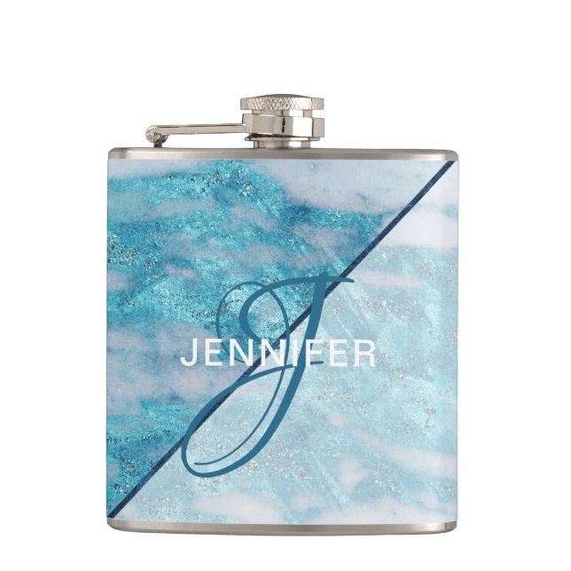 Monogram Teal Blue Marble Geometric Bridesmaid Flask (Front)