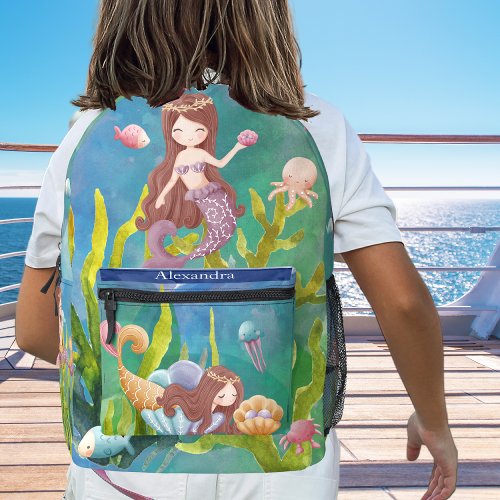 Monogram Teal Blue Mermaid Dolphin Sea Ocean Theme Printed Backpack