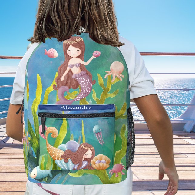 Monogram Teal Blue Mermaid Dolphin Sea Ocean Theme Printed Backpack (Creator Uploaded)