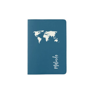 Monogram teal blue modern world map travel passport holder
