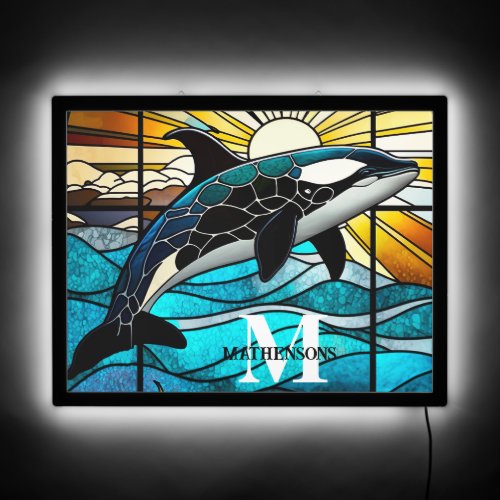 Monogram Teal Blue Orca Whale Stained Glass light LED Sign