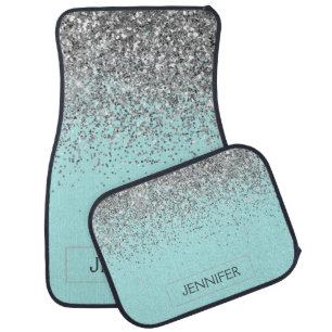 Monogram Teal Blue Silver Glam Glitter Name Car Floor Mat
