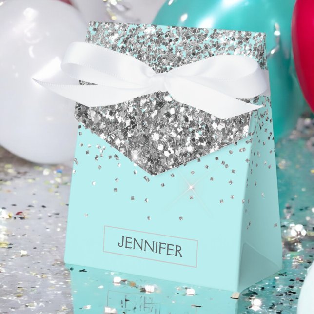 Monogram Teal Blue Silver Glam Glitter Name Favor Boxes (Creator Uploaded)