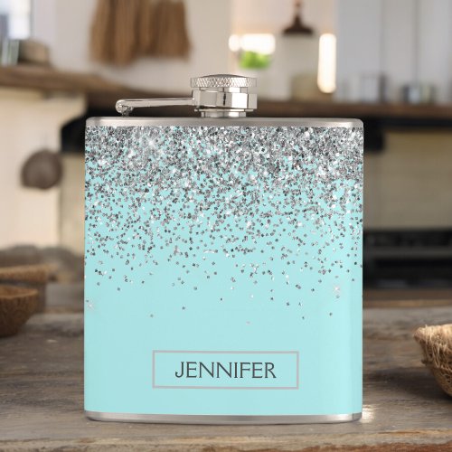 Monogram Teal Blue Silver Glam Glitter Name Flask