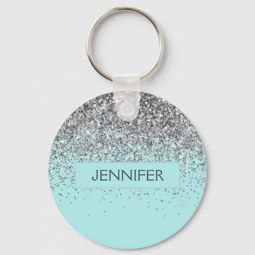 Monogram Teal Blue Silver Glam Glitter Name Keychain