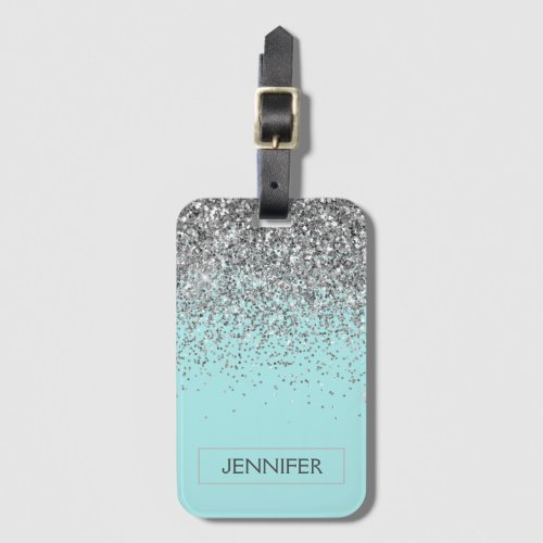 Monogram Teal Blue Silver Glam Glitter Name Luggage Tag