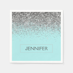 Monogram Teal Blue Silver Glam Glitter Name Napkins