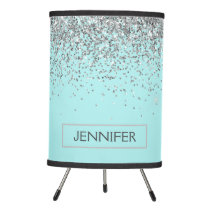 Monogram Teal Blue Silver Glam Glitter Name Tripod Lamp