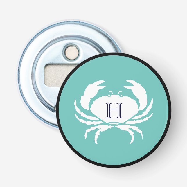 Monogram Teal Blue White Navy Blue Crab Nautical  Bottle Opener (Front)