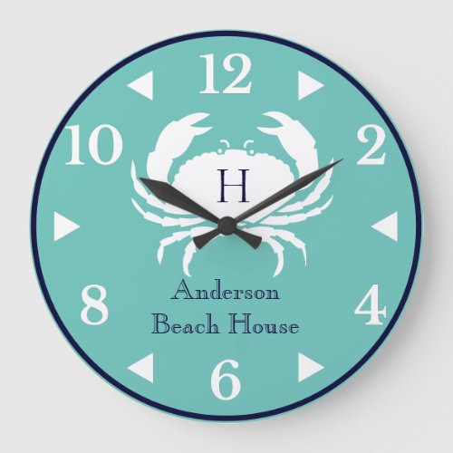 Monogram Teal Blue White Navy Blue Crab Nautical  Large Clock