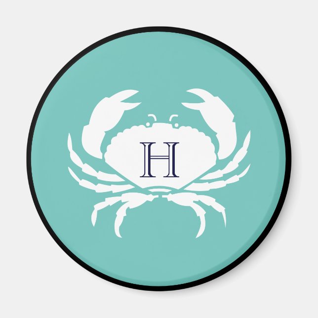 Monogram Teal Blue White Navy Blue Crab Nautical  Magnet (Front)